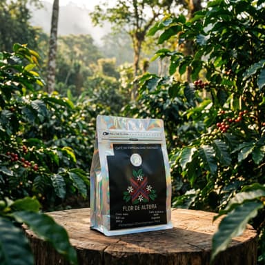 Bolsa holográfica de café Flor de Altura sobre un tocón, en un cafetal con cerezas maduras