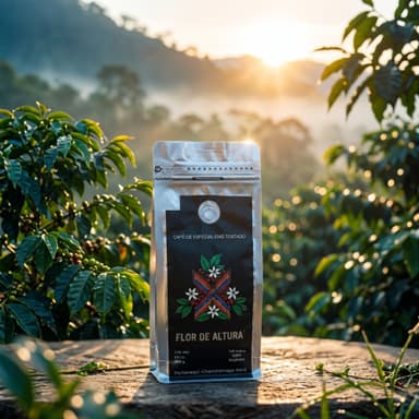 Bolsa plateada de café Flor de Altura sobre una losa de piedra entre cafetos, con neblina al alba