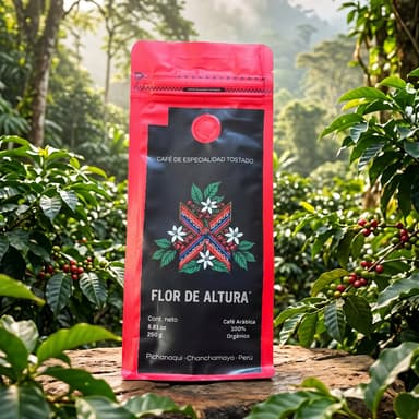 Bolsa roja de café Flor de Altura sobre una roca, entre cafetos con cerezas maduras y neblina