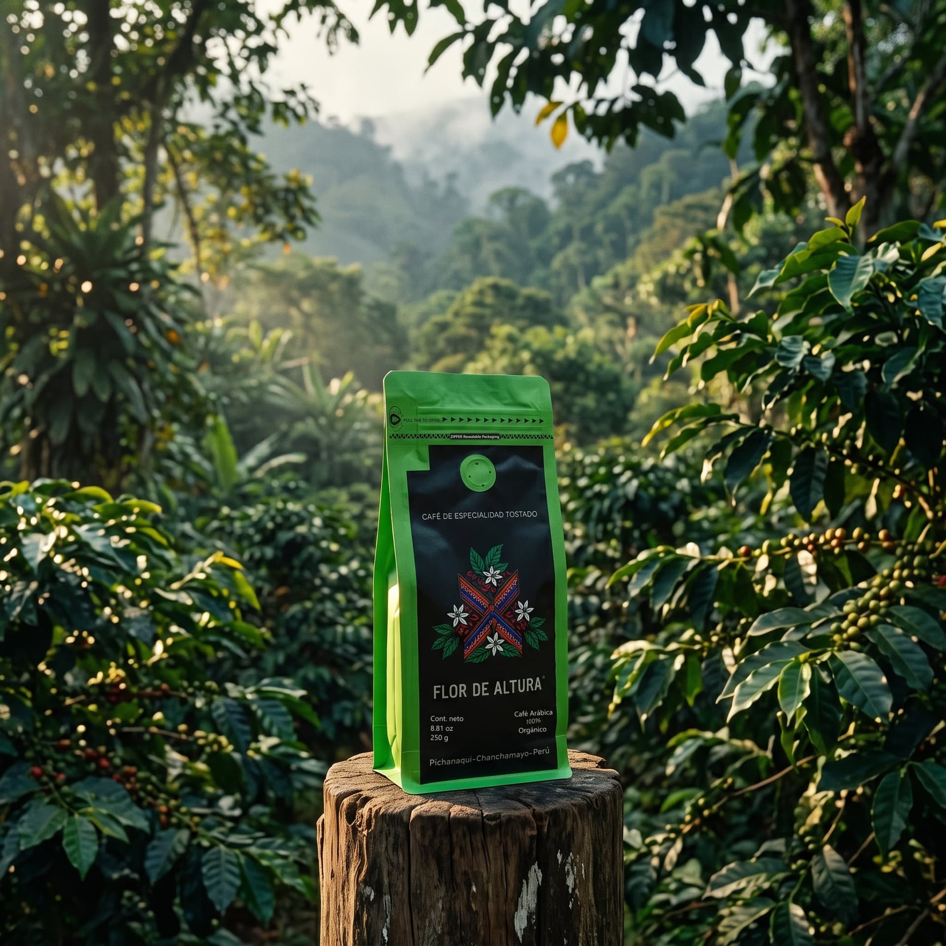 Bolsa verde de café Flor de Altura sobre un tocón en un cafetal, con bosque y neblina al fondo