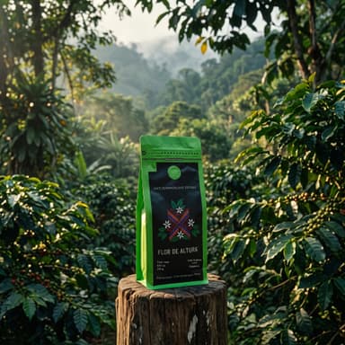 Bolsa verde de café Flor de Altura sobre un tocón en un cafetal, con bosque y neblina al fondo